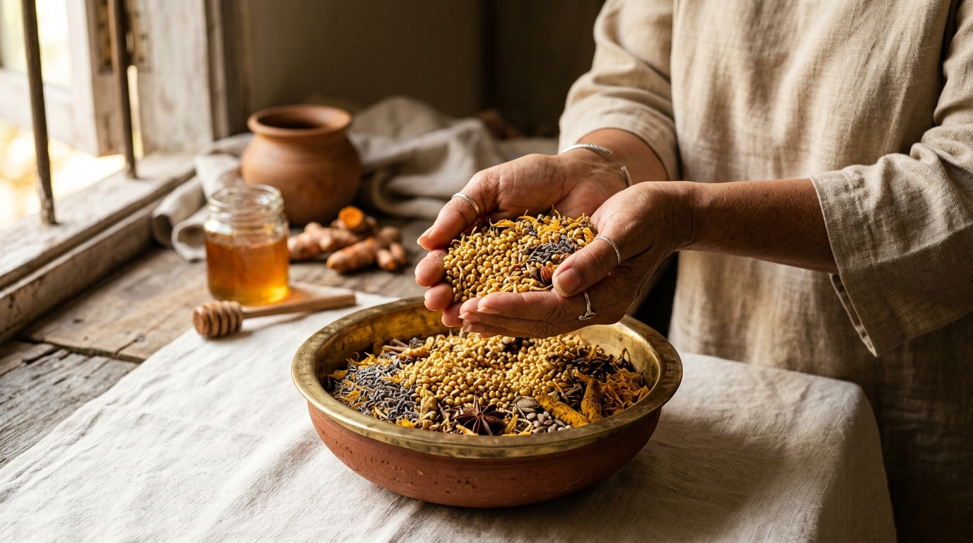 Good Fills ancestral kitchen ingredients, loving hands, sprouted grains, and mountain honey