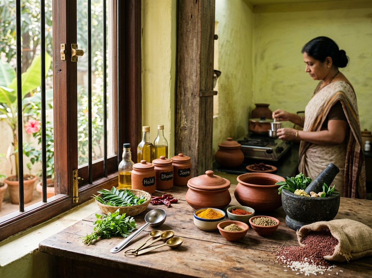Traditional Bengaluru kitchen with earthen pots and freshly milled grains